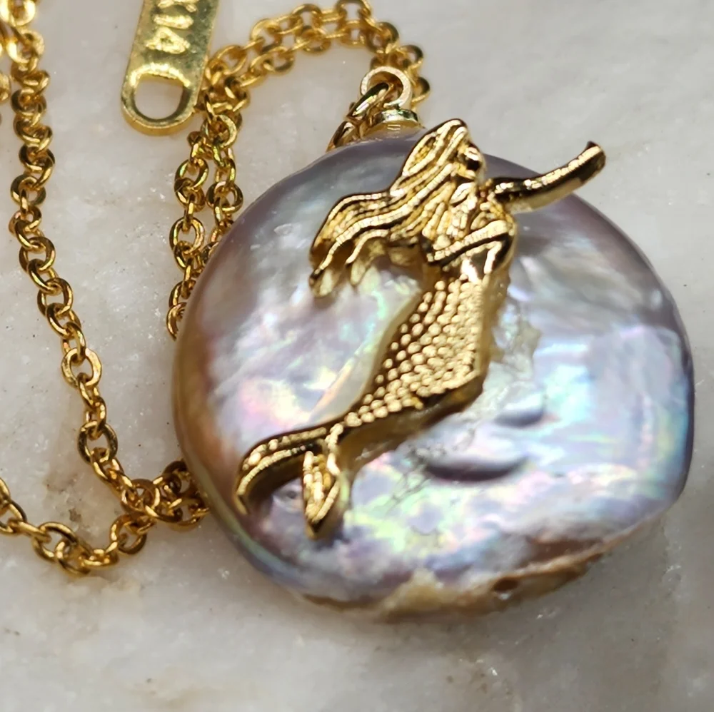 Minimalist Jewelry Mermaid Pendant Natural Pearl 14k Gold plated Necklace